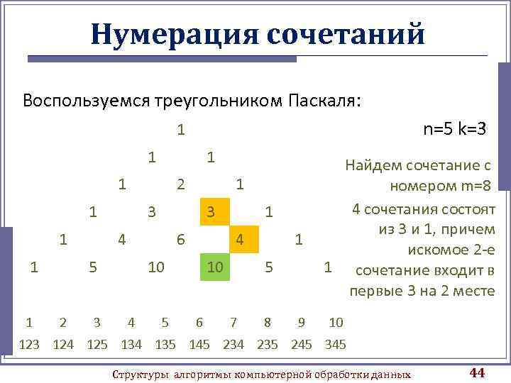 Нумерация сочетаний Воспользуемся треугольником Паскаля: n=5 k=3 1 1 2 1 1 3 3