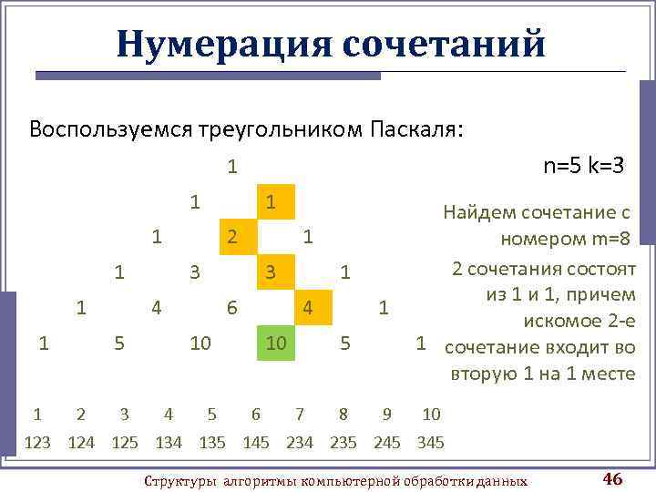 Нумерация сочетаний Воспользуемся треугольником Паскаля: n=5 k=3 1 1 2 1 1 3 3