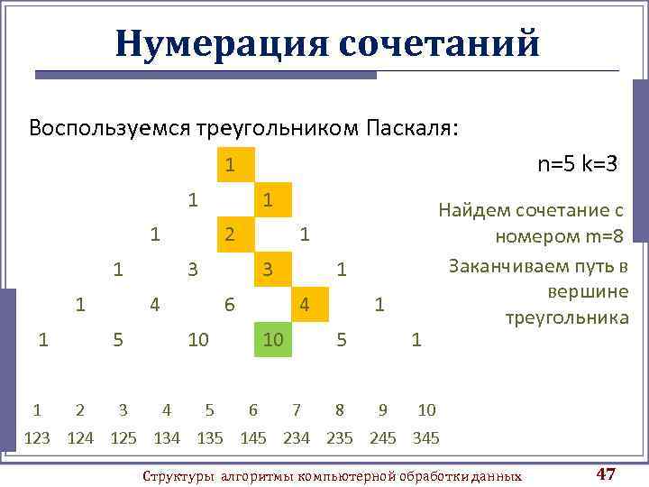Нумерация сочетаний Воспользуемся треугольником Паскаля: n=5 k=3 1 1 2 1 1 3 3
