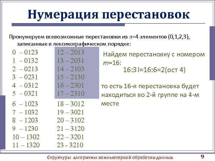 Нумерация перестановок Пронумеруем всевозможные перестановки из n=4 элементов (0, 1, 2, 3), записанные в