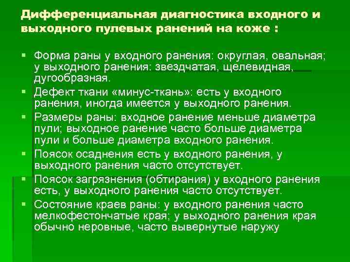 Дифференциальная диагностика входного и выходного пулевых ранений на коже : Форма раны у входного