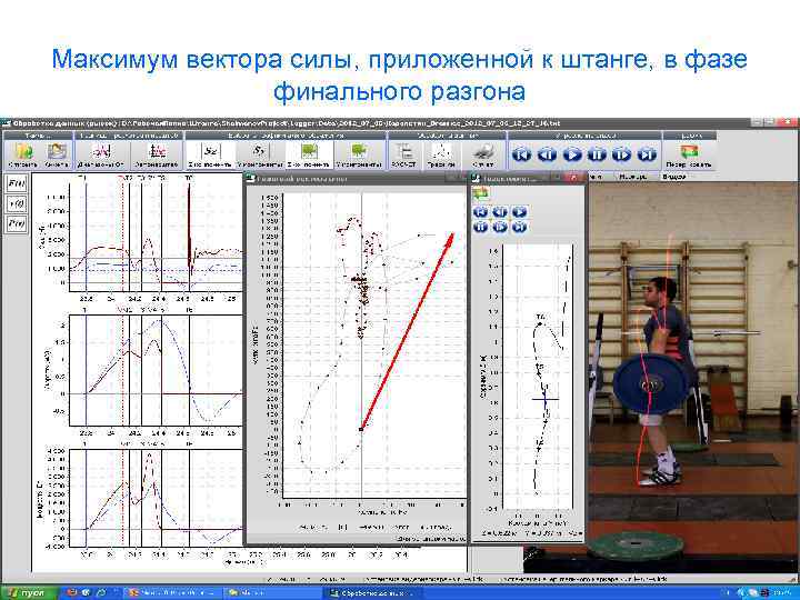 Максимум вектора силы, приложенной к штанге, в фазе финального разгона 