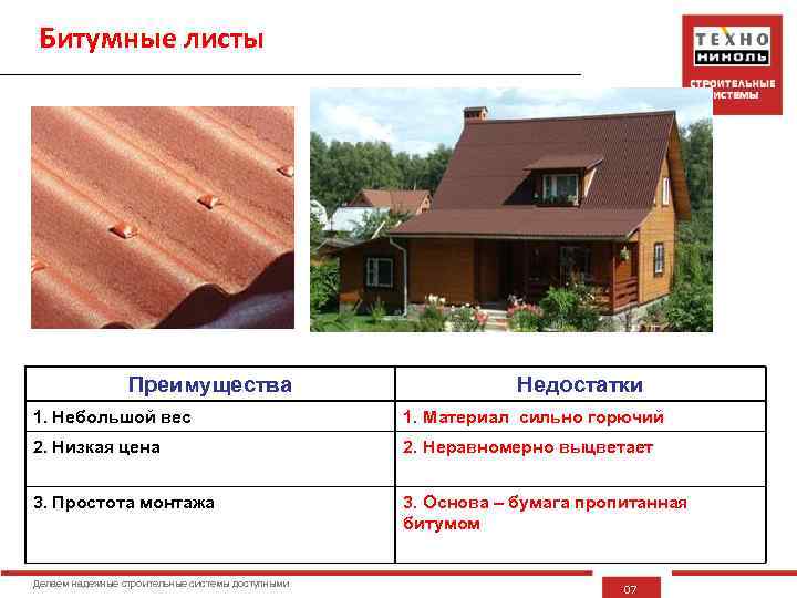 Битумные листы Преимущества Недостатки 1. Небольшой вес 1. Материал сильно горючий 2. Низкая цена