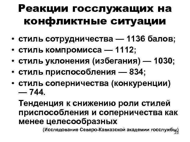 Реакции госслужащих на конфликтные ситуации • • • стиль сотрудничества — 1136 балов; стиль