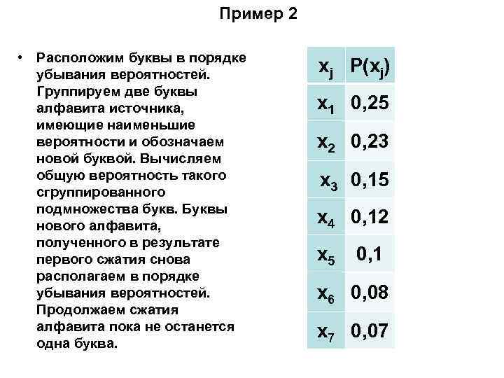 Пример 2 • Расположим буквы в порядке убывания вероятностей. Группируем две буквы алфавита источника,