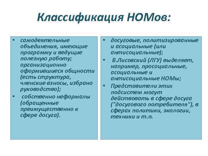 Классификация НОМов: • самодеятельные объединения, имеющие программу и ведущие полезную работу; организационно оформившиеся общности