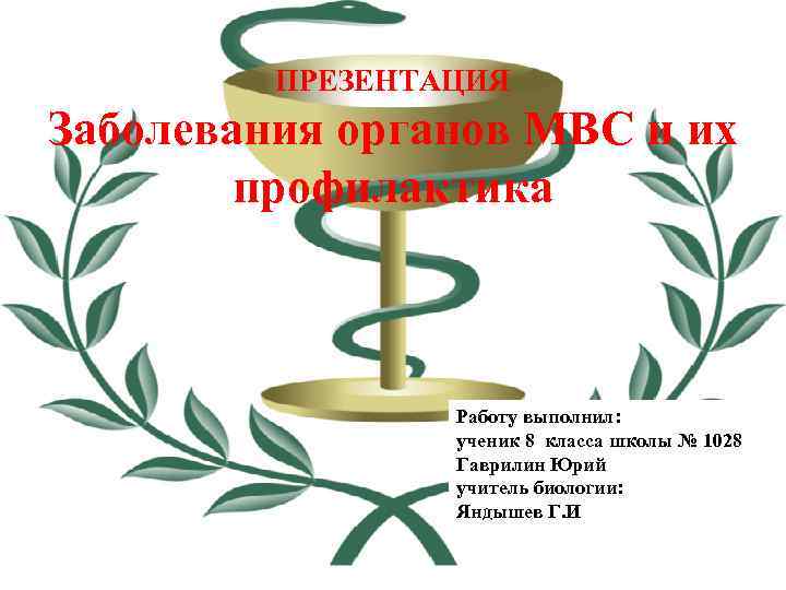 ПРЕЗЕНТАЦИЯ Заболевания органов МВС и их профилактика Работу выполнил: ученик 8 класса школы №