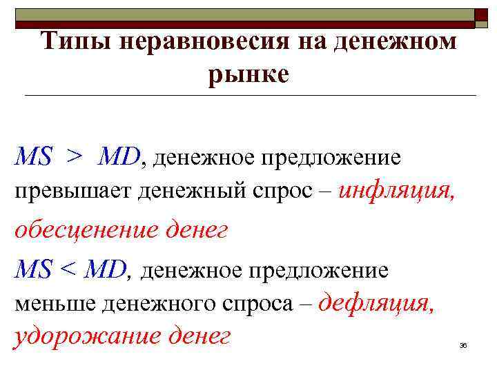 Типы неравновесия на денежном рынке MS > MD, денежное предложение превышает денежный спрос –