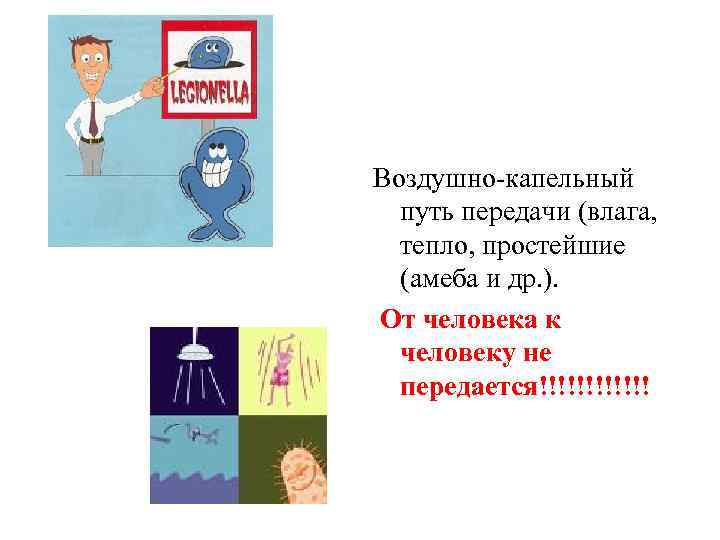 Воздушно-капельный путь передачи (влага, тепло, простейшие (амеба и др. ). От человека к человеку