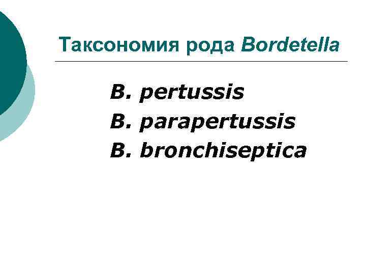 Таксономия рода Bordetella B. pertussis B. parapertussis B. bronchiseptica 