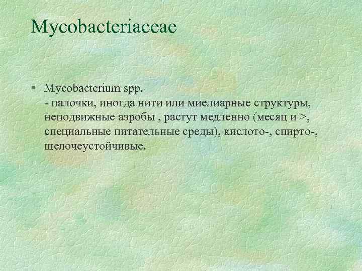 Mycobacteriaceae Mycobacterium spp палочки иногда нити