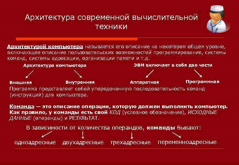 Архитектура современной вычислительной техники Архитектурой компьютера называется его описание на некотором общем уровне, включающее