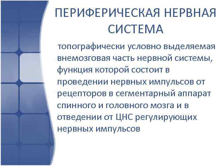 ПЕРИФЕРИЧЕСКАЯ НЕРВНАЯ СИСТЕМА топографически условно выделяемая внемозговая часть нервной системы, функция которой состоит в