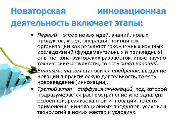 Новаторская инновационная деятельность включает этапы: • Первый – отбор новых идей, знаний, новых продуктов,