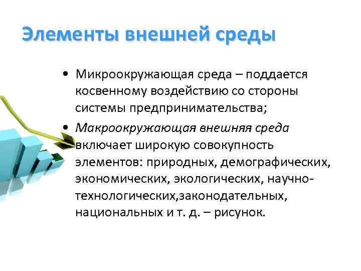 Элементы внешней среды • Микроокружающая среда – поддается косвенному воздействию со стороны системы предпринимательства;