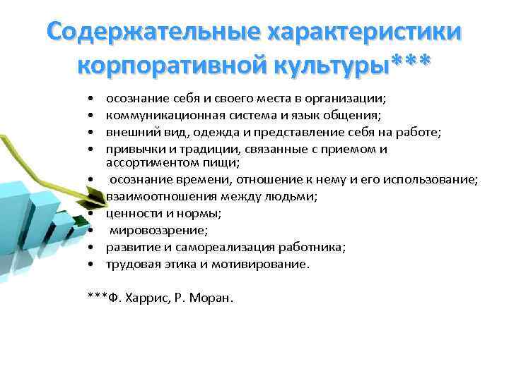 Содержательные характеристики корпоративной культуры*** • • • осознание себя и своего места в организации;