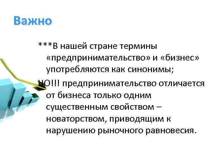 Важно ***В нашей стране термины «предпринимательство» и «бизнес» употребляются как синонимы; НО!!! предпринимательство отличается