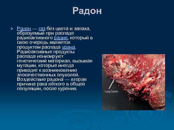Радон Ø Радон — газ без цвета и запаха, образуемый при распаде радиоактивного радия,