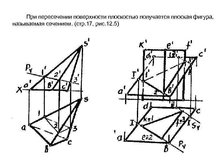 Пересечение прямой призмы плоскостью авс. Линия пересечения плоскости с поверхностью Призмы. Сечение Призмы плоскостью общего положения.