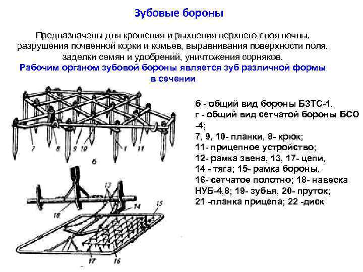 Зубовые бороны Предназначены для крошения и рыхления верхнего слоя почвы, разрушения почвенной корки и