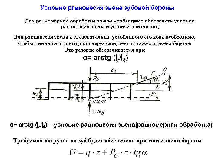 Условие равновесия звена зубовой бороны Для равномерной обработки почвы необходимо обеспечить условие равновесия звена