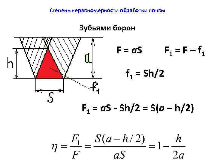 Степень неравномерности обработки почвы Зубьями борон F = a. S F 1 = F