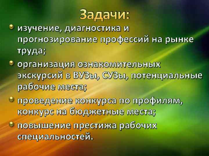 Задачи: изучение, диагностика и прогнозирование профессий на рынке труда; организация ознакомительных экскурсий в ВУЗы,