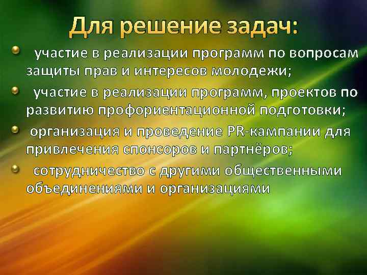 Для решение задач: участие в реализации программ по вопросам защиты прав и интересов молодежи;