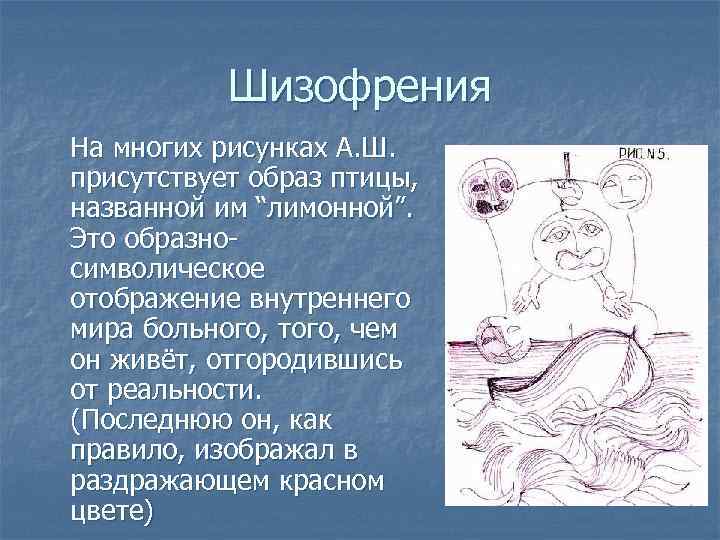 Шизофрения На многих рисунках А. Ш. присутствует образ птицы, названной им “лимонной”. Это образносимволическое