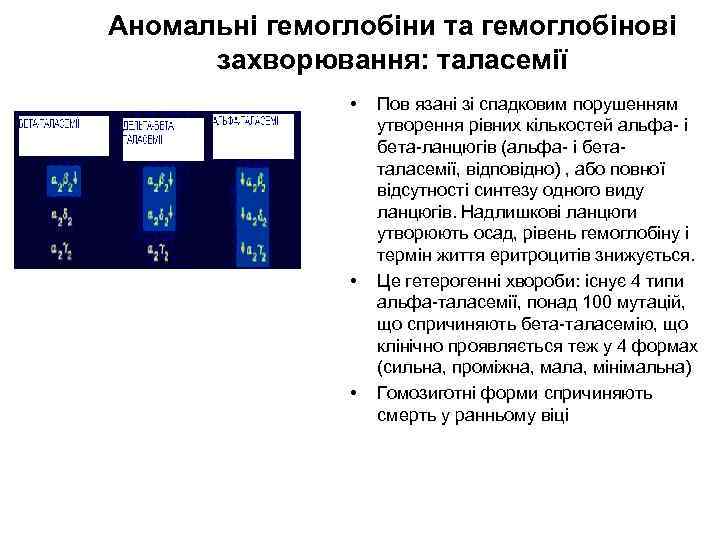 Аномальні гемоглобіни та гемоглобінові захворювання: таласемії • • • Пов язані зі спадковим порушенням