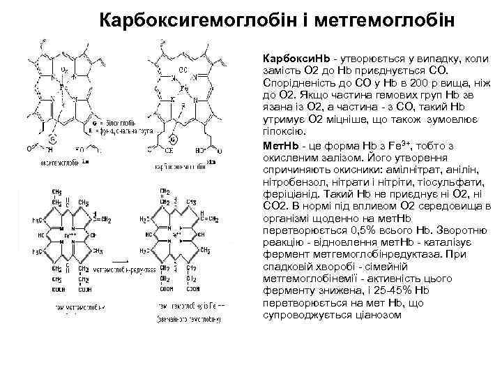 Карбоксигемоглобін і метгемоглобін • • Карбокси. Hb - утворюється у випадку, коли замість О