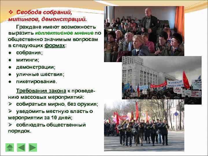 v Свобода собраний, митингов, демонстраций. Граждане имеют возможность выразить коллективное мнение по общественно значимым