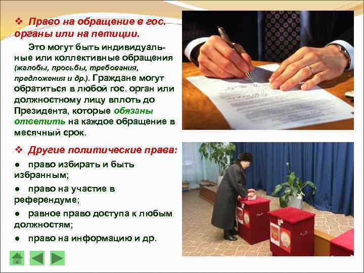 v Право на обращение в гос. органы или на петиции. Это могут быть индивидуальные