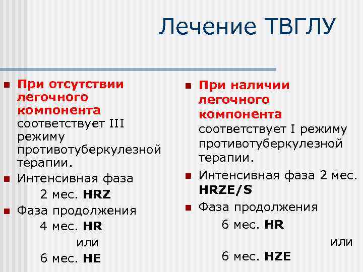 Лечение ТВГЛУ n n n При отсутствии легочного компонента соответствует III режиму противотуберкулезной терапии.
