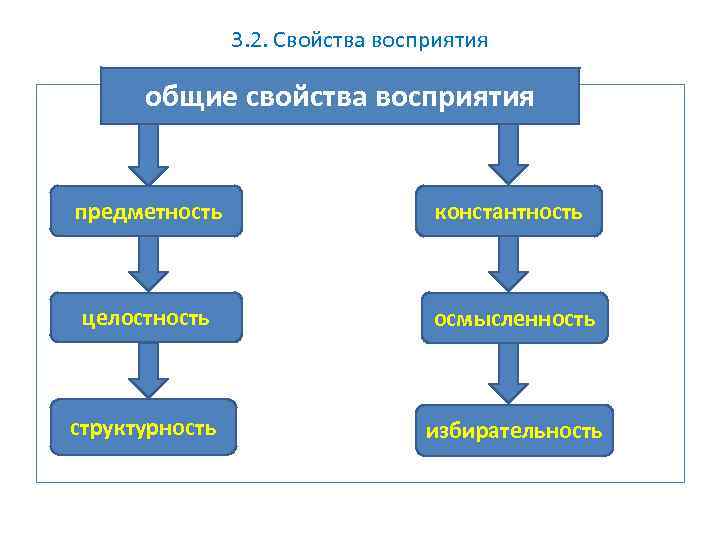 3. 2. Свойства восприятия общие свойства восприятия предметность константность целостность осмысленность структурность избирательность 