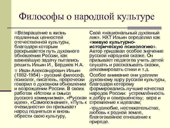 Философы о народной культуре n. Возвращение в жизнь Свой «национальный духовный подлинных ценностей лик»