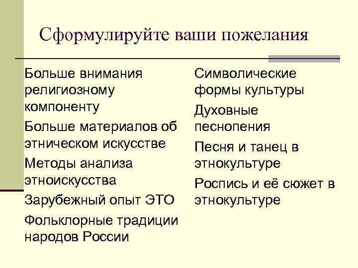 Сформулируйте ваши пожелания Больше внимания религиозному компоненту Больше материалов об этническом искусстве Методы анализа