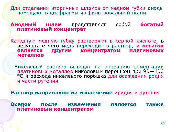 Для отделения вторичных шламов от медной губки аноды помещают в диафрагмы из фильтровальной ткани