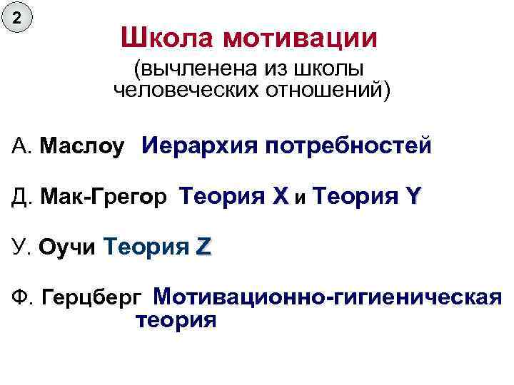 2 Школа мотивации (вычленена из школы человеческих отношений) А. Маслоу Иерархия потребностей Д. Мак-Грегор