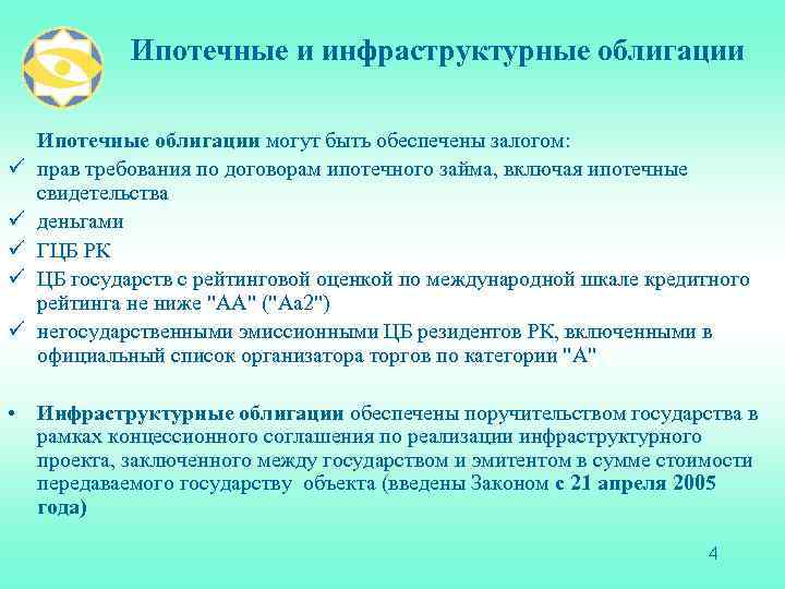 Ипотечные и инфраструктурные облигации ü ü ü Ипотечные облигации могут быть обеспечены залогом: прав