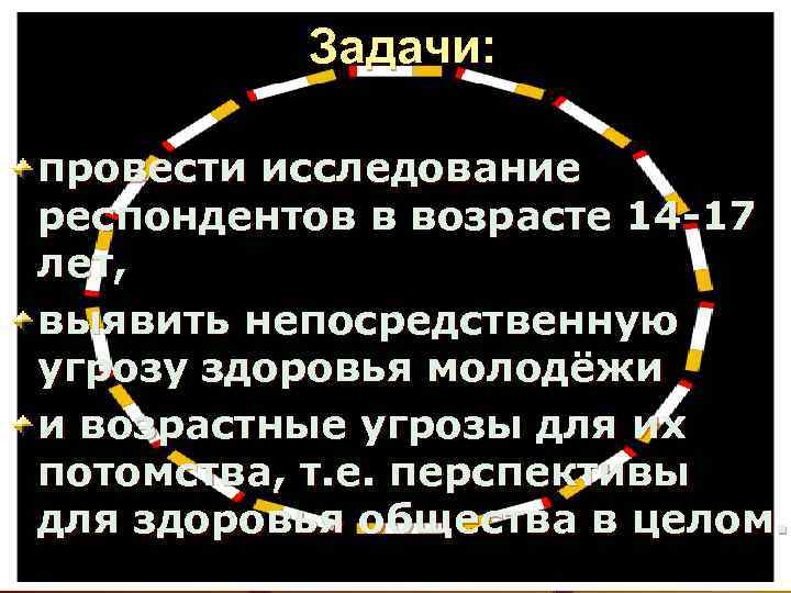 Задачи: провести исследование респондентов в возрасте 14 -17 лет, выявить непосредственную угрозу здоровья молодёжи