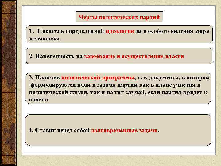 Черты политических партий 1. Носитель определенной идеологии или особого видения мира и человека 2.