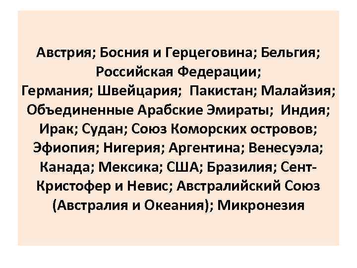 Австрия; Босния и Герцеговина; Бельгия; Российская Федерации; Германия; Швейцария; Пакистан; Малайзия; Объединенные Арабские Эмираты;