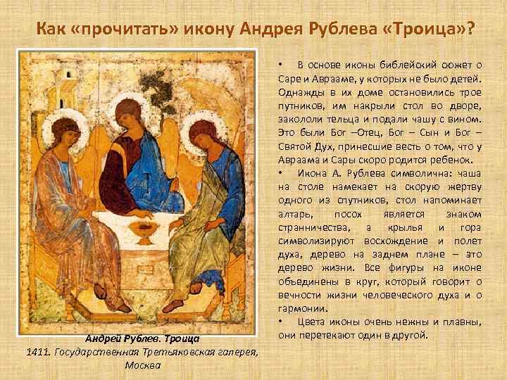 Как «прочитать» икону Андрея Рублева «Троица» ? Андрей Рублев. Троица 1411. Государственная Третьяковская галерея,