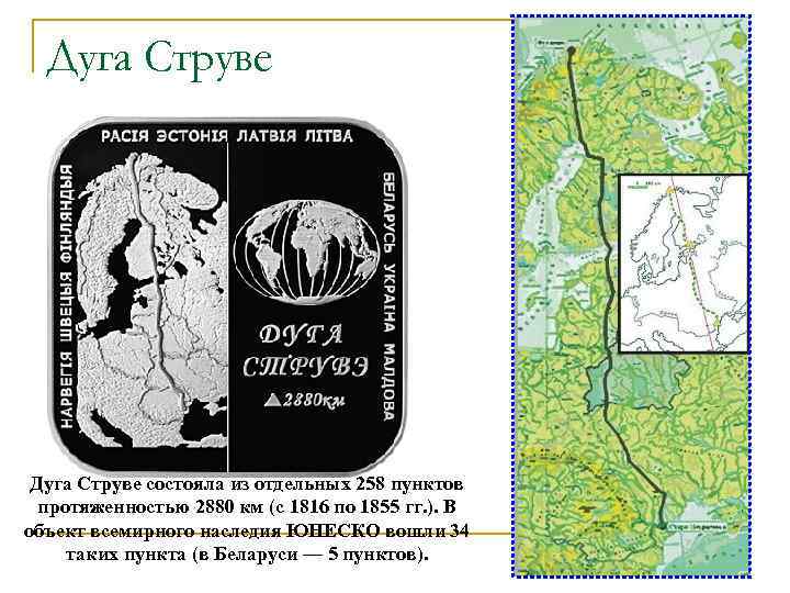 Дуга Струве состояла из отдельных 258 пунктов протяженностью 2880 км (с 1816 по 1855