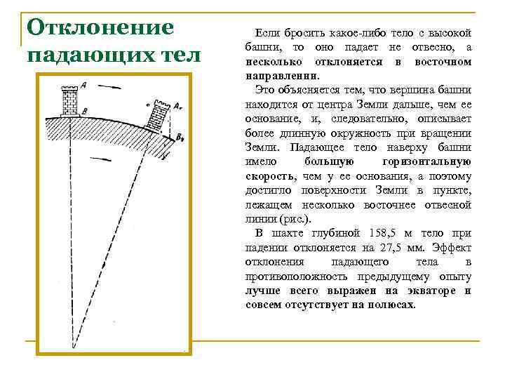 Отклонение падающих тел Если бросить какое-либо тело с высокой башни, то оно падает не