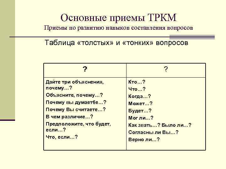 Основные приемы ТРКМ Приемы по развитию навыков составления вопросов Таблица «толстых» и «тонких» вопросов