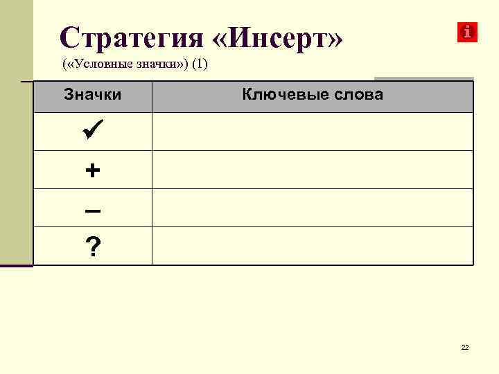 Стратегия «Инсерт» ( «Условные значки» ) (1) Значки Ключевые слова + – ? 22