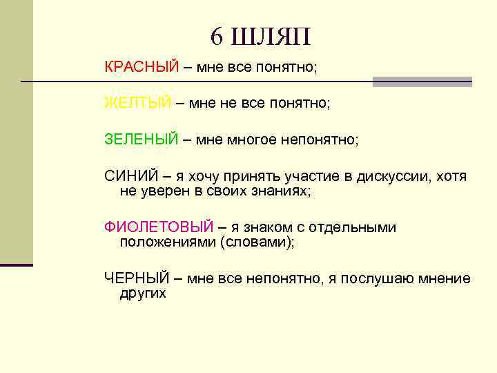 6 ШЛЯП КРАСНЫЙ – мне все понятно; ЖЕЛТЫЙ – мне не все понятно; ЗЕЛЕНЫЙ