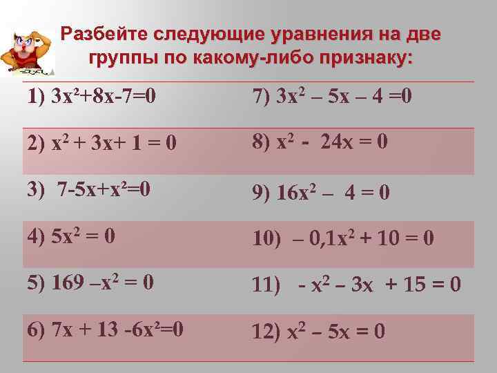Разбейте следующие уравнения на две группы по какому-либо признаку: 1) 3 х²+8 х-7=0 7)